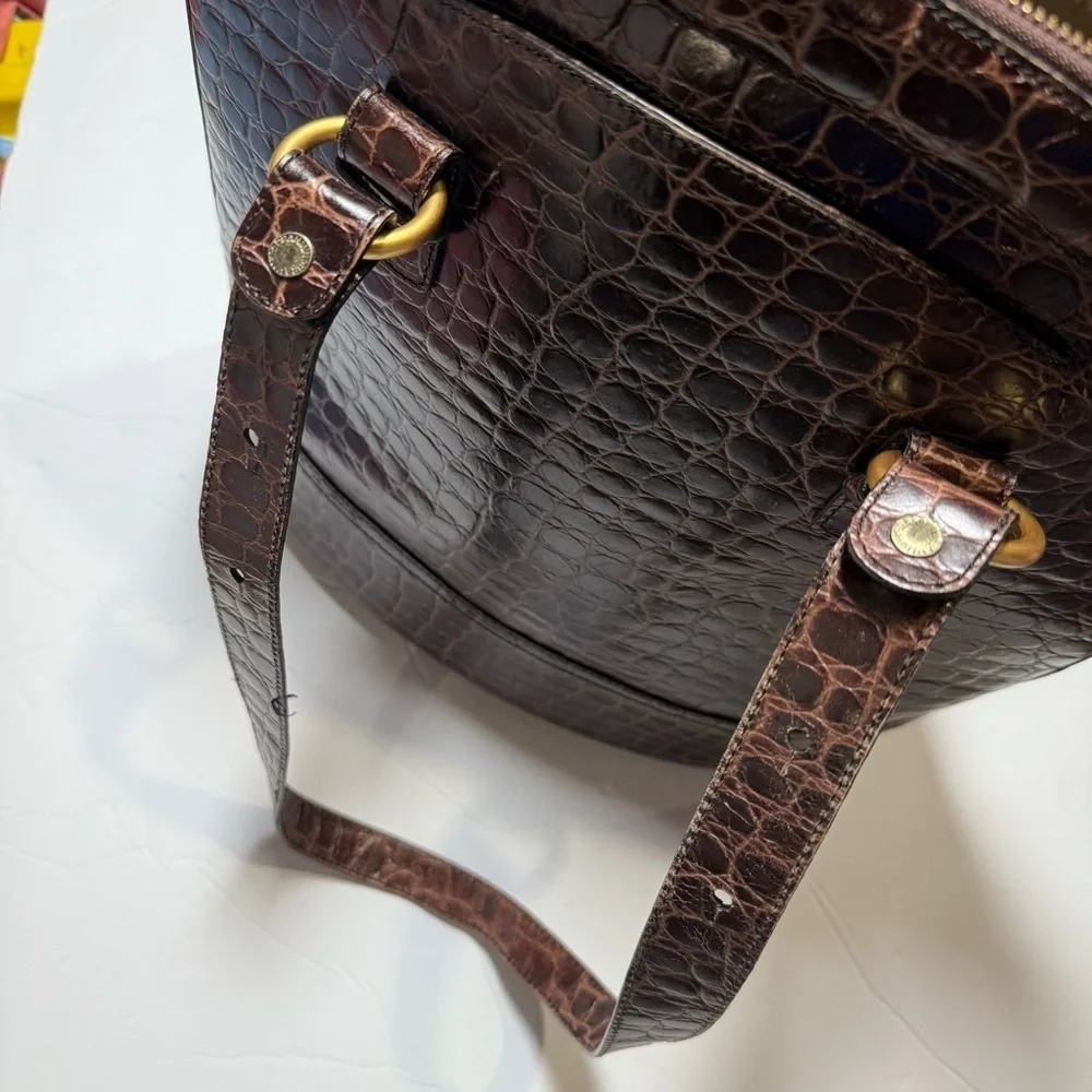 Brahmin Brown Hobo Bag Crocodile Embossed Gold Hardware Travel Tote Croc Leather